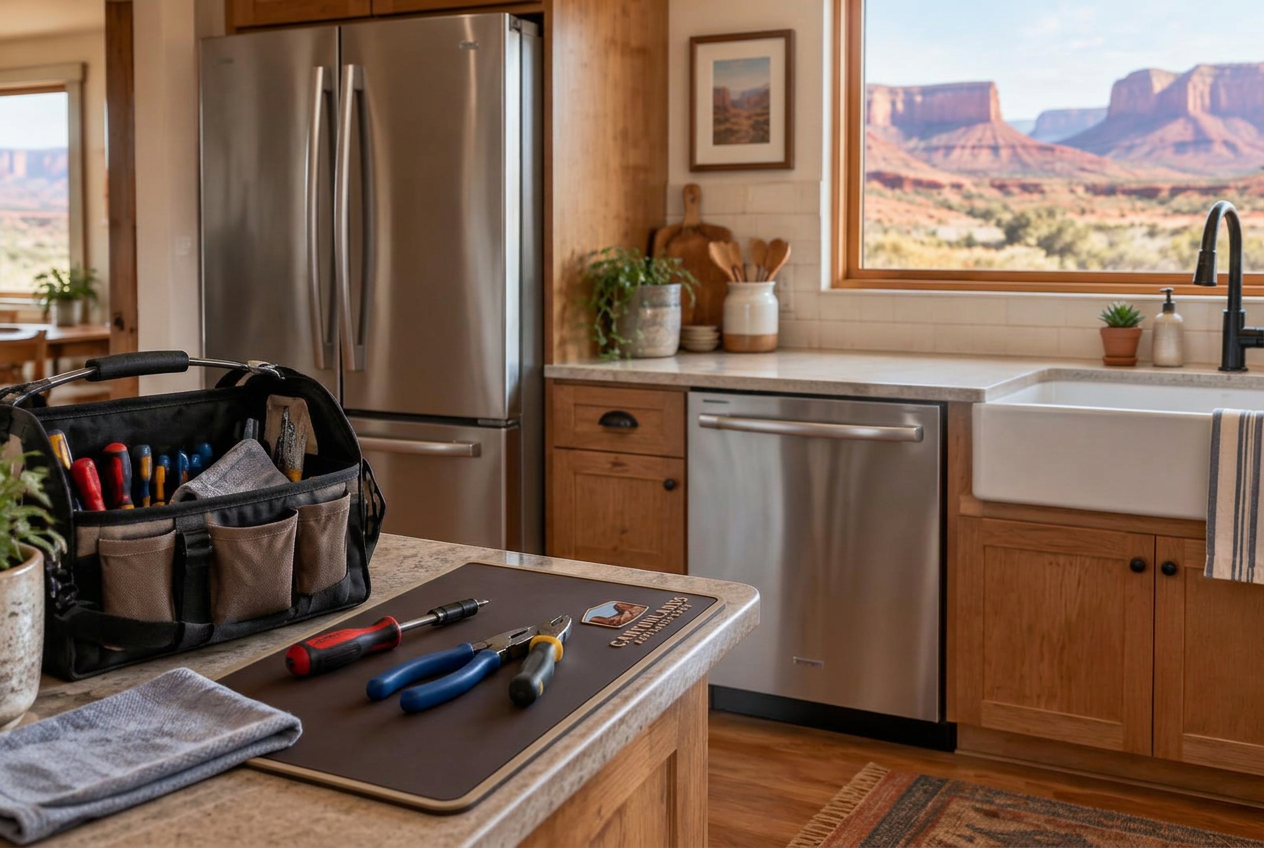 Kitchen appliances with repair tools in a Moab-inspired home setting